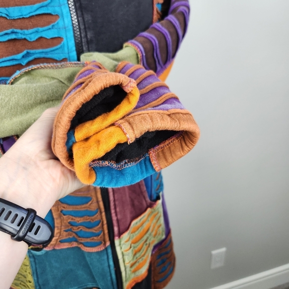 Ark Import Artsy Boho Faded Patchwork Hooded Fleece Lined Jacket Size M Hippi - Picture 5 of 16